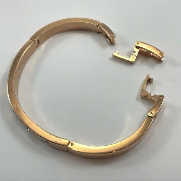 Vintage Ann Klein Rose Gold Tone Rhinestone Fold Over Clasp Bangle Bracelet